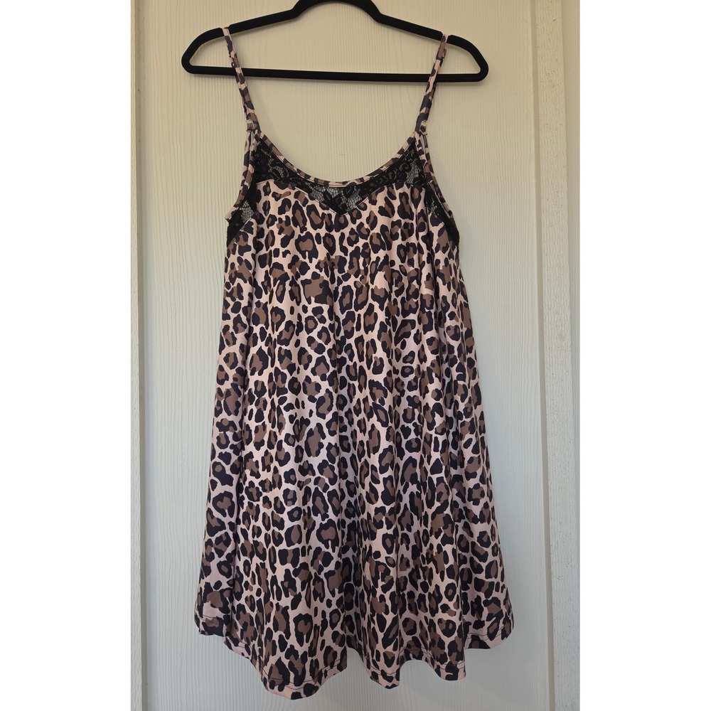 Leopard Print Lace Trim Babydoll Slip Dress Sz L Y2K Coquette Romantic Feminine